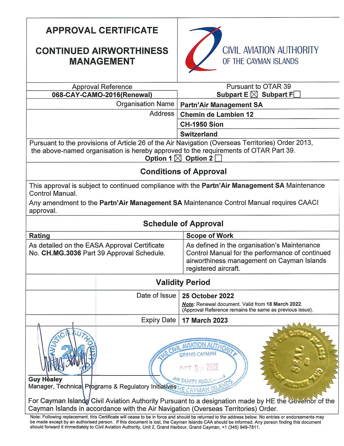 CAMO Certificate - Partn'Air